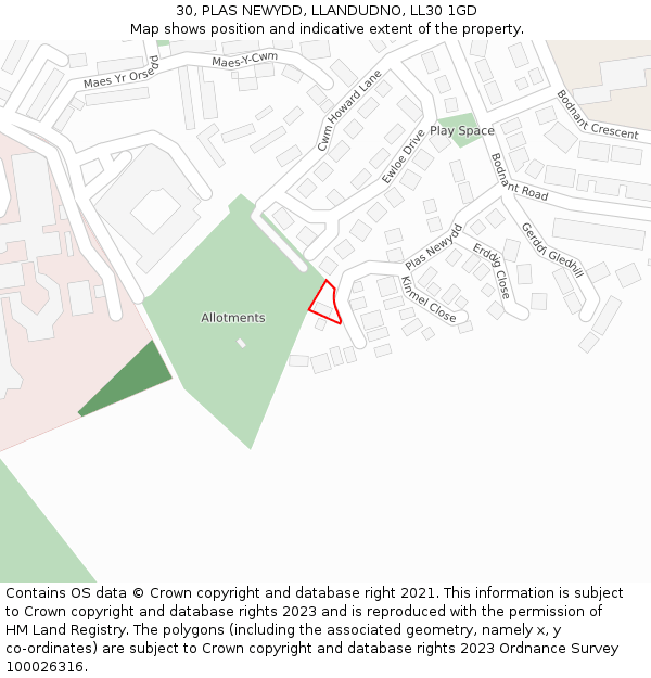 30, PLAS NEWYDD, LLANDUDNO, LL30 1GD: Location map and indicative extent of plot