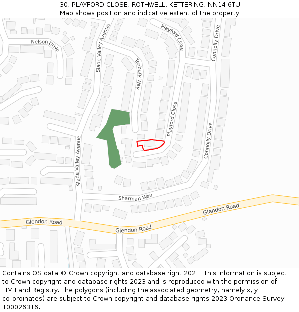 30, PLAYFORD CLOSE, ROTHWELL, KETTERING, NN14 6TU: Location map and indicative extent of plot