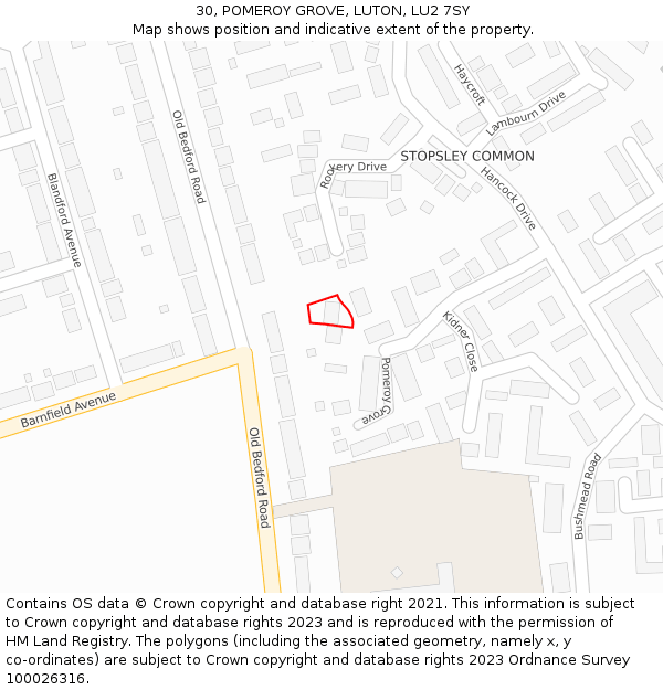 30, POMEROY GROVE, LUTON, LU2 7SY: Location map and indicative extent of plot