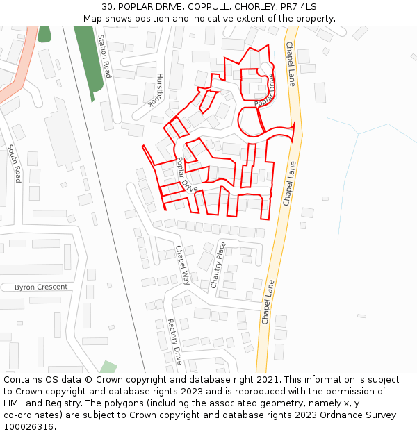 30, POPLAR DRIVE, COPPULL, CHORLEY, PR7 4LS: Location map and indicative extent of plot