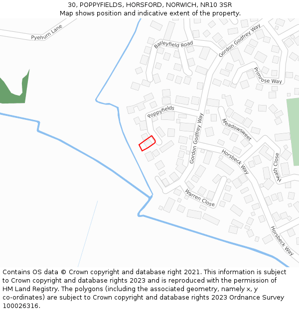 30, POPPYFIELDS, HORSFORD, NORWICH, NR10 3SR: Location map and indicative extent of plot