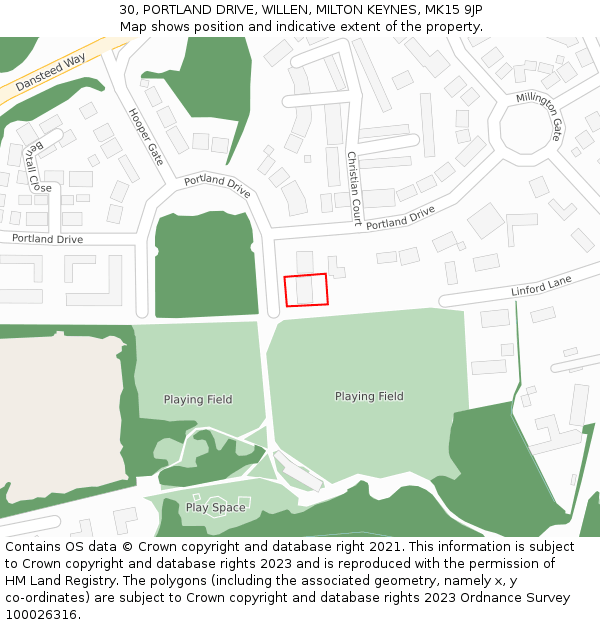 30, PORTLAND DRIVE, WILLEN, MILTON KEYNES, MK15 9JP: Location map and indicative extent of plot