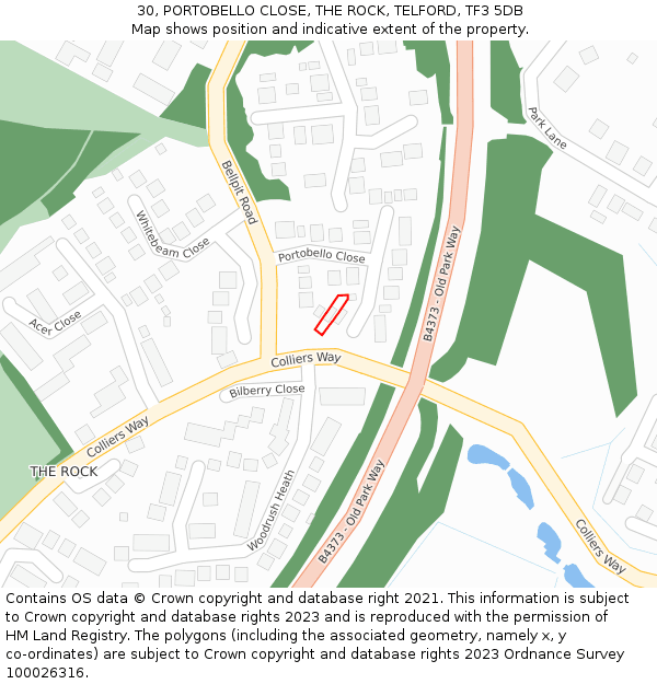 30, PORTOBELLO CLOSE, THE ROCK, TELFORD, TF3 5DB: Location map and indicative extent of plot