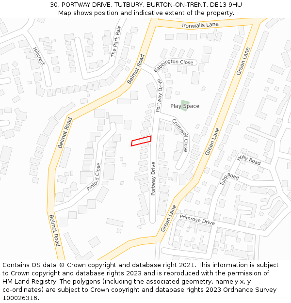 30, PORTWAY DRIVE, TUTBURY, BURTON-ON-TRENT, DE13 9HU: Location map and indicative extent of plot