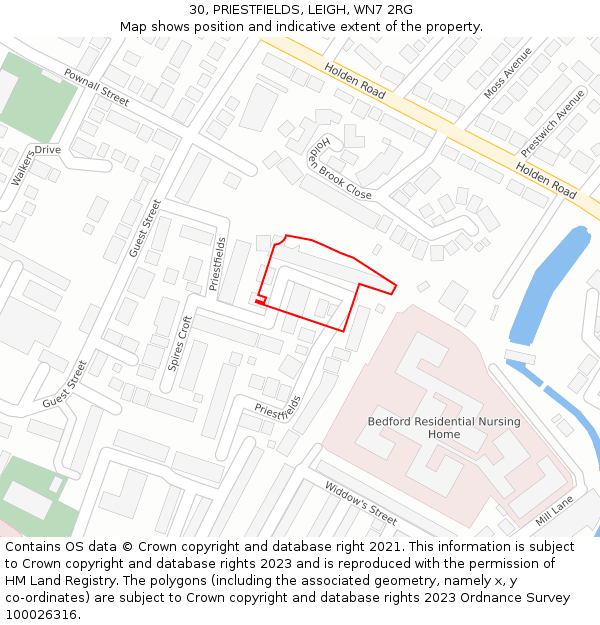 30, PRIESTFIELDS, LEIGH, WN7 2RG: Location map and indicative extent of plot