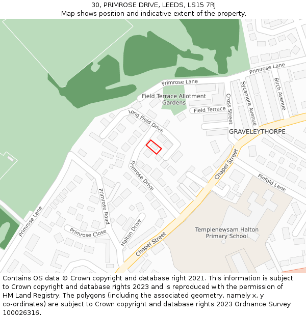 30, PRIMROSE DRIVE, LEEDS, LS15 7RJ: Location map and indicative extent of plot