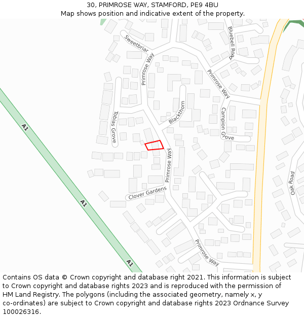 30, PRIMROSE WAY, STAMFORD, PE9 4BU: Location map and indicative extent of plot