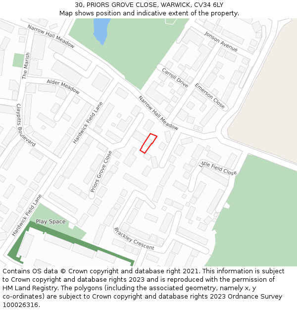 30, PRIORS GROVE CLOSE, WARWICK, CV34 6LY: Location map and indicative extent of plot