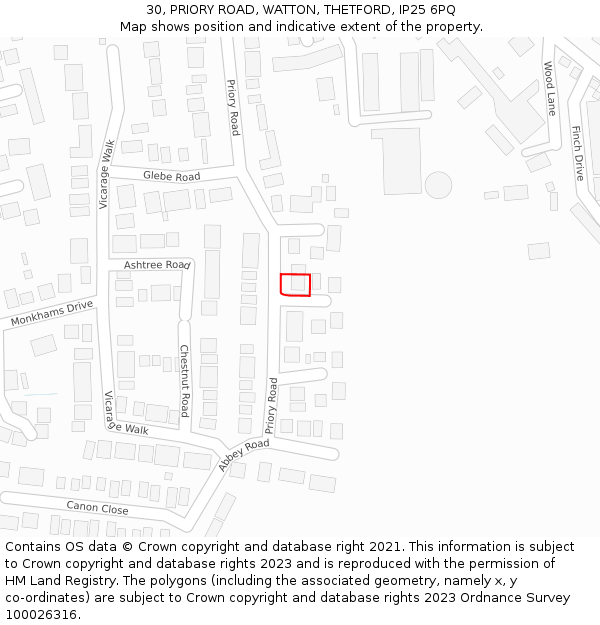 30, PRIORY ROAD, WATTON, THETFORD, IP25 6PQ: Location map and indicative extent of plot