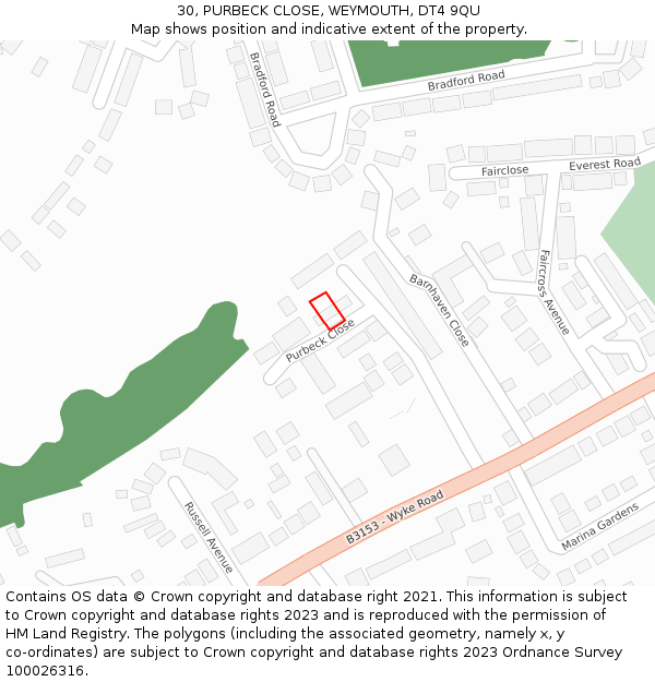 30, PURBECK CLOSE, WEYMOUTH, DT4 9QU: Location map and indicative extent of plot