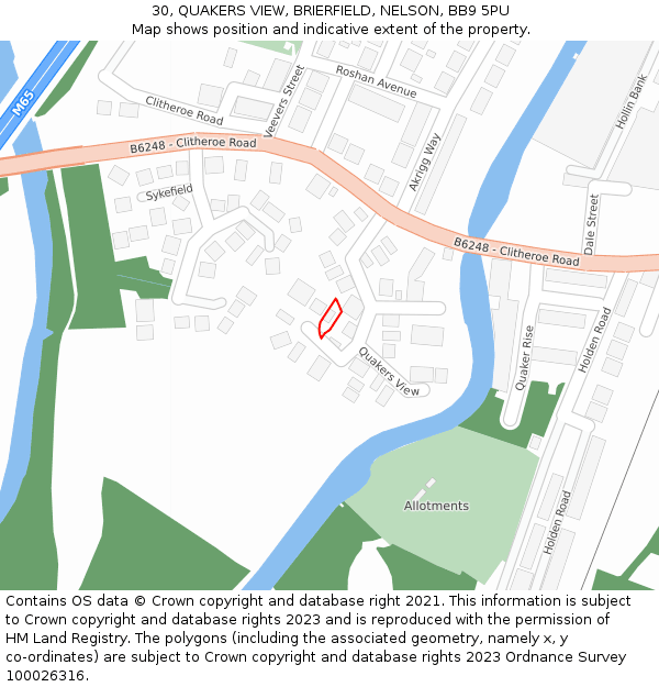 30, QUAKERS VIEW, BRIERFIELD, NELSON, BB9 5PU: Location map and indicative extent of plot
