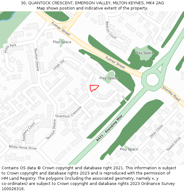 30, QUANTOCK CRESCENT, EMERSON VALLEY, MILTON KEYNES, MK4 2AG: Location map and indicative extent of plot