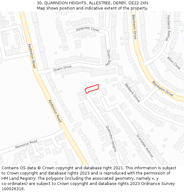 30, QUARNDON HEIGHTS, ALLESTREE, DERBY, DE22 2XN: Location map and indicative extent of plot