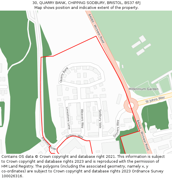 30, QUARRY BANK, CHIPPING SODBURY, BRISTOL, BS37 6FJ: Location map and indicative extent of plot
