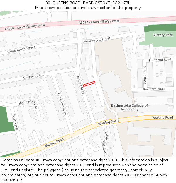 30, QUEENS ROAD, BASINGSTOKE, RG21 7RH: Location map and indicative extent of plot