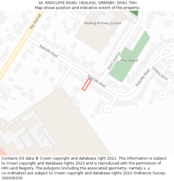 30, RADCLIFFE ROAD, HEALING, GRIMSBY, DN41 7NH: Location map and indicative extent of plot