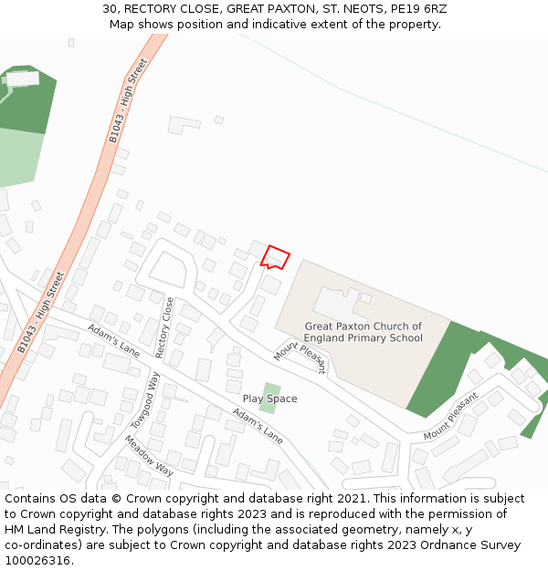 30, RECTORY CLOSE, GREAT PAXTON, ST. NEOTS, PE19 6RZ: Location map and indicative extent of plot