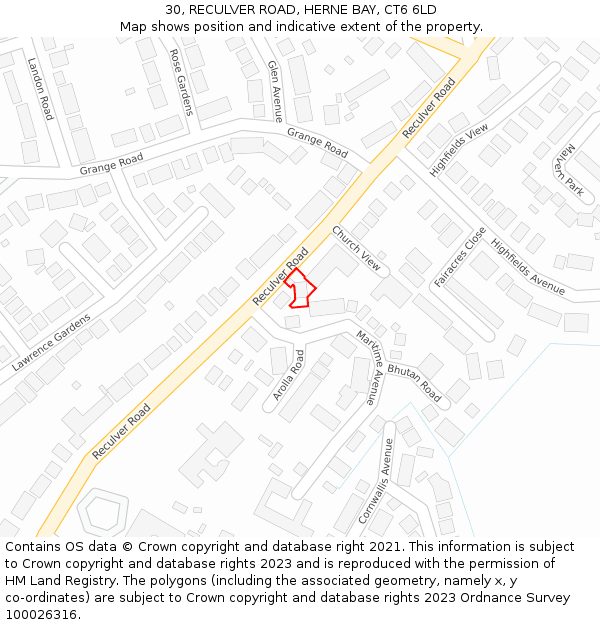 30, RECULVER ROAD, HERNE BAY, CT6 6LD: Location map and indicative extent of plot