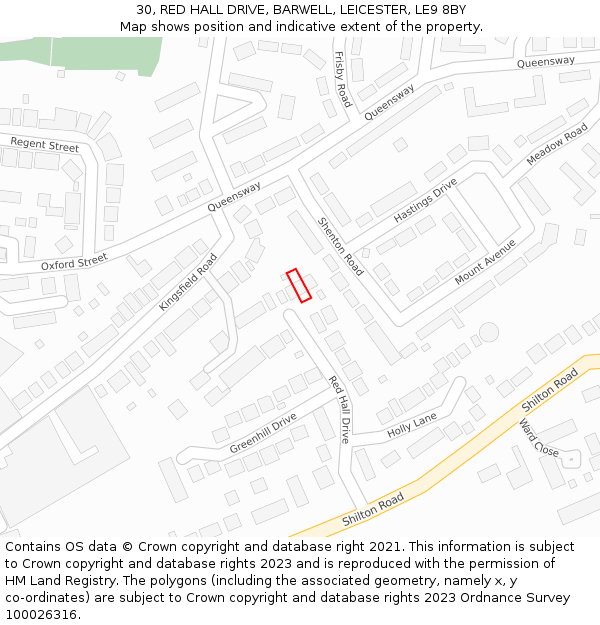30, RED HALL DRIVE, BARWELL, LEICESTER, LE9 8BY: Location map and indicative extent of plot