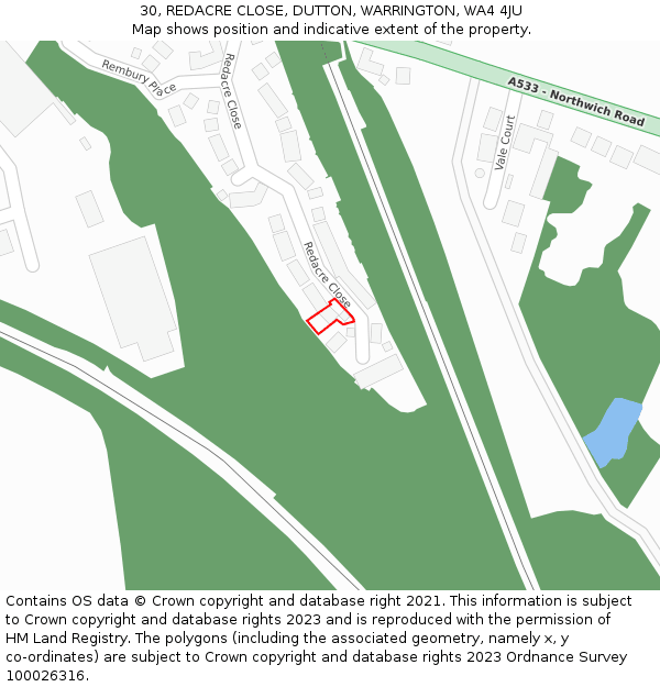 30, REDACRE CLOSE, DUTTON, WARRINGTON, WA4 4JU: Location map and indicative extent of plot