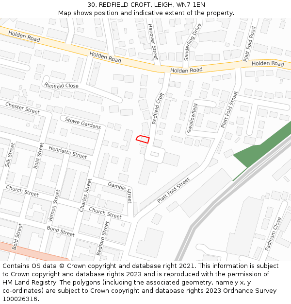 30, REDFIELD CROFT, LEIGH, WN7 1EN: Location map and indicative extent of plot