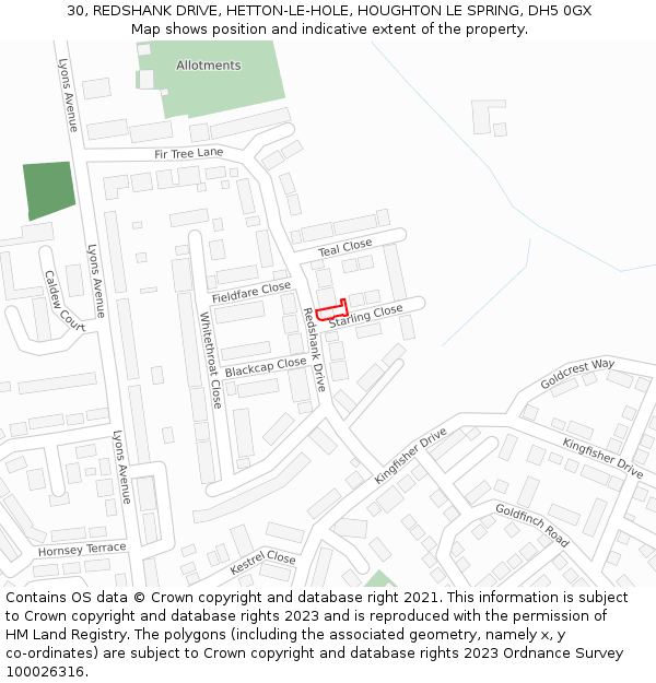30, REDSHANK DRIVE, HETTON-LE-HOLE, HOUGHTON LE SPRING, DH5 0GX: Location map and indicative extent of plot
