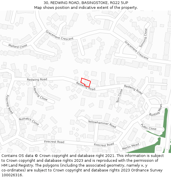 30, REDWING ROAD, BASINGSTOKE, RG22 5UP: Location map and indicative extent of plot