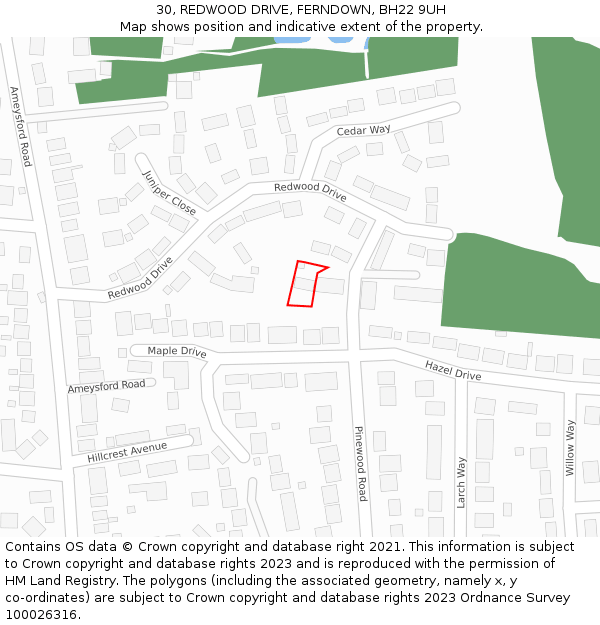 30, REDWOOD DRIVE, FERNDOWN, BH22 9UH: Location map and indicative extent of plot