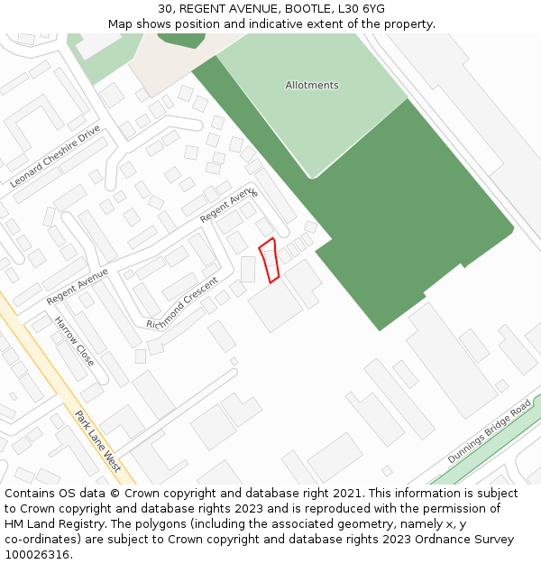 30, REGENT AVENUE, BOOTLE, L30 6YG: Location map and indicative extent of plot