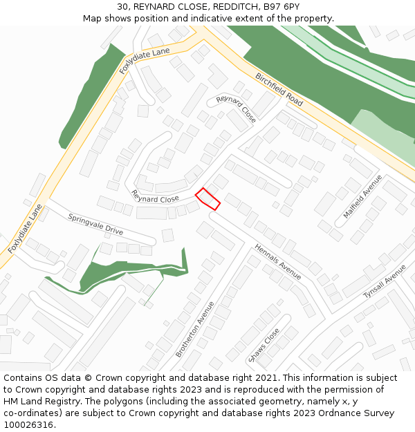 30, REYNARD CLOSE, REDDITCH, B97 6PY: Location map and indicative extent of plot