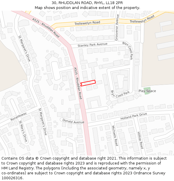 30, RHUDDLAN ROAD, RHYL, LL18 2PR: Location map and indicative extent of plot