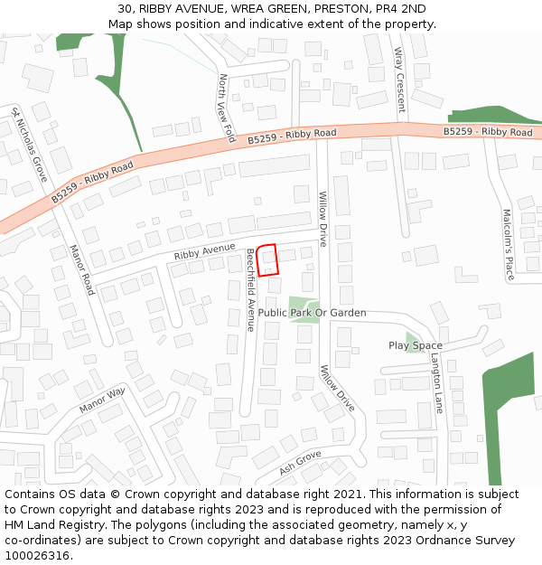 30, RIBBY AVENUE, WREA GREEN, PRESTON, PR4 2ND: Location map and indicative extent of plot