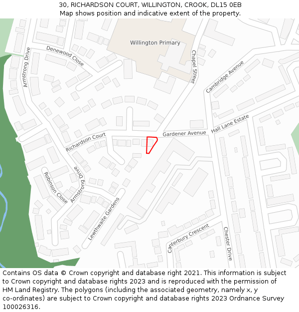 30, RICHARDSON COURT, WILLINGTON, CROOK, DL15 0EB: Location map and indicative extent of plot