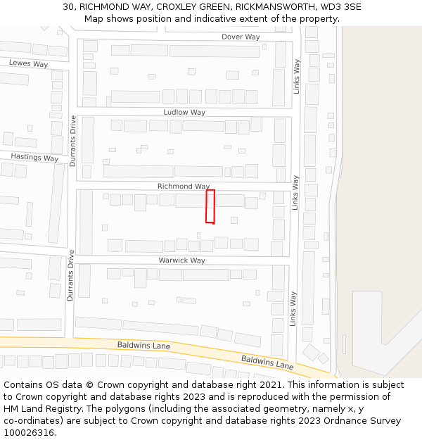 30, RICHMOND WAY, CROXLEY GREEN, RICKMANSWORTH, WD3 3SE: Location map and indicative extent of plot