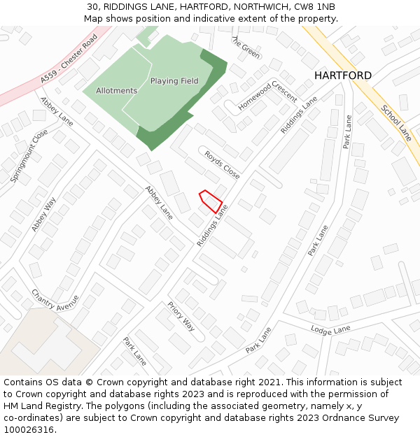 30, RIDDINGS LANE, HARTFORD, NORTHWICH, CW8 1NB: Location map and indicative extent of plot