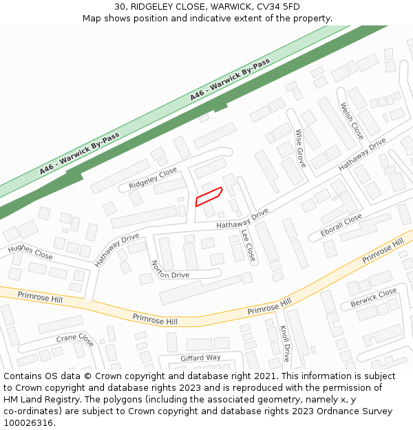 30, RIDGELEY CLOSE, WARWICK, CV34 5FD: Location map and indicative extent of plot