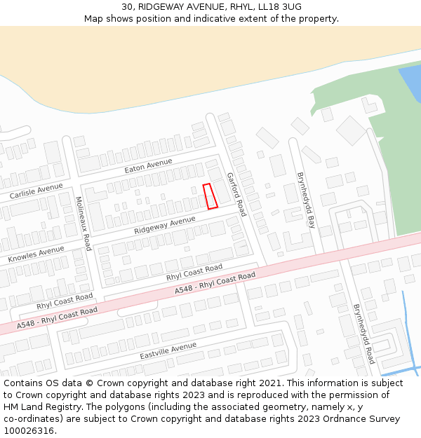 30, RIDGEWAY AVENUE, RHYL, LL18 3UG: Location map and indicative extent of plot