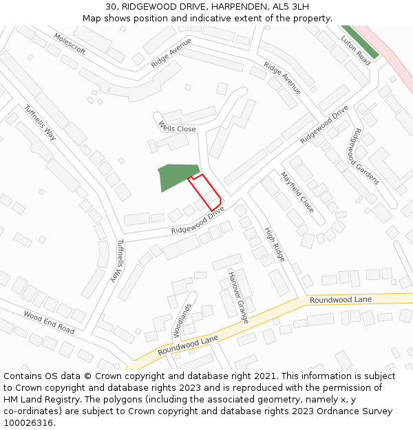 30, RIDGEWOOD DRIVE, HARPENDEN, AL5 3LH: Location map and indicative extent of plot