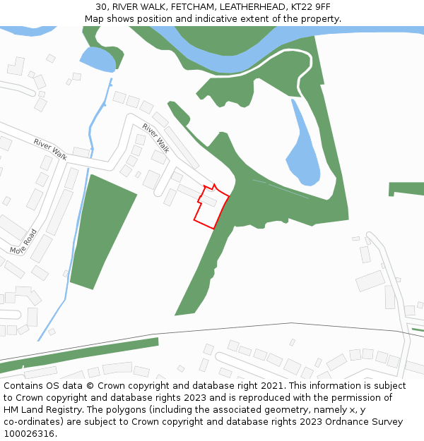 30, RIVER WALK, FETCHAM, LEATHERHEAD, KT22 9FF: Location map and indicative extent of plot