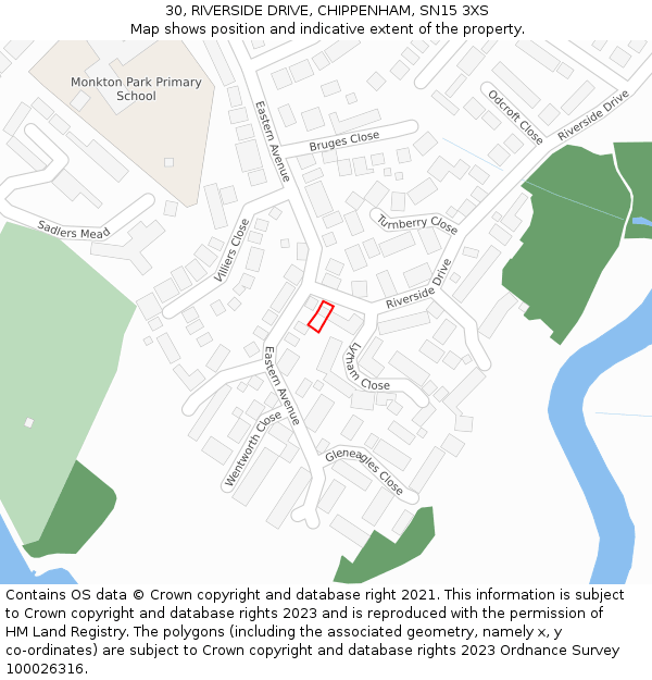 30, RIVERSIDE DRIVE, CHIPPENHAM, SN15 3XS: Location map and indicative extent of plot