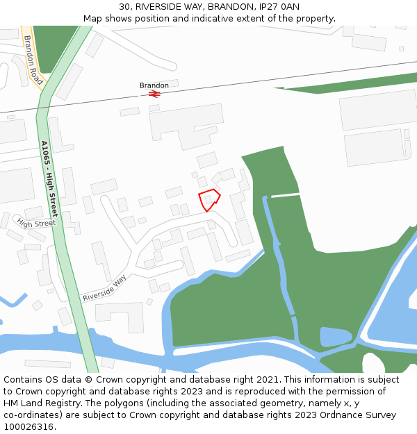 30, RIVERSIDE WAY, BRANDON, IP27 0AN: Location map and indicative extent of plot