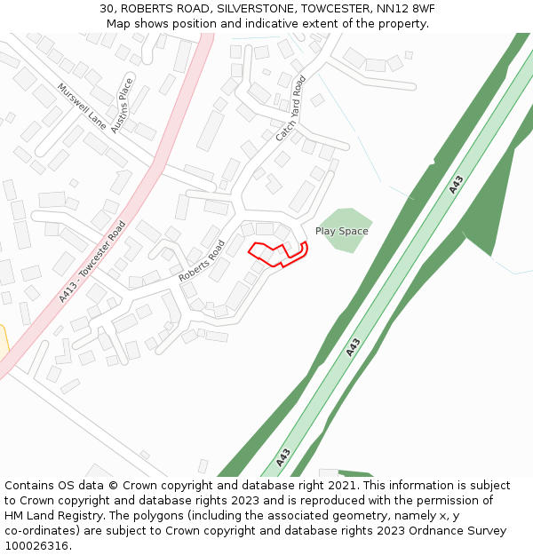 30, ROBERTS ROAD, SILVERSTONE, TOWCESTER, NN12 8WF: Location map and indicative extent of plot