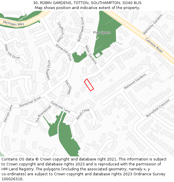 30, ROBIN GARDENS, TOTTON, SOUTHAMPTON, SO40 8US: Location map and indicative extent of plot