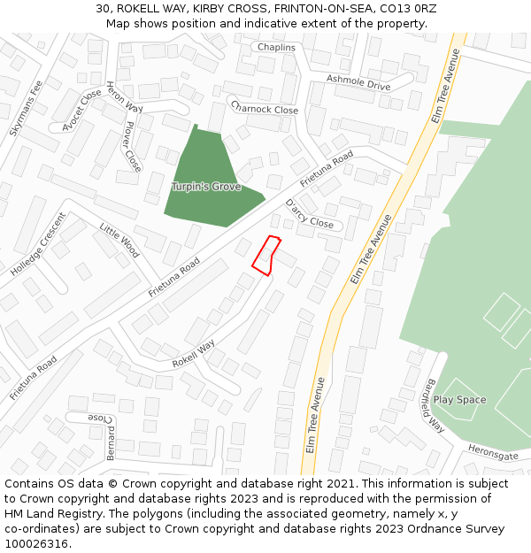 30, ROKELL WAY, KIRBY CROSS, FRINTON-ON-SEA, CO13 0RZ: Location map and indicative extent of plot