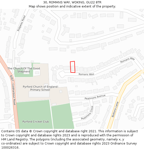 30, ROMANS WAY, WOKING, GU22 8TR: Location map and indicative extent of plot