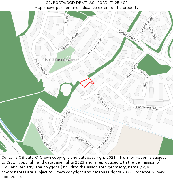 30, ROSEWOOD DRIVE, ASHFORD, TN25 4QF: Location map and indicative extent of plot