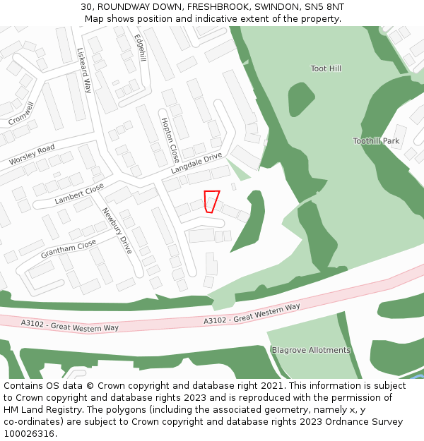 30, ROUNDWAY DOWN, FRESHBROOK, SWINDON, SN5 8NT: Location map and indicative extent of plot