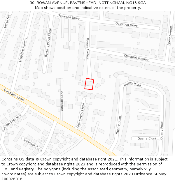 30, ROWAN AVENUE, RAVENSHEAD, NOTTINGHAM, NG15 9GA: Location map and indicative extent of plot
