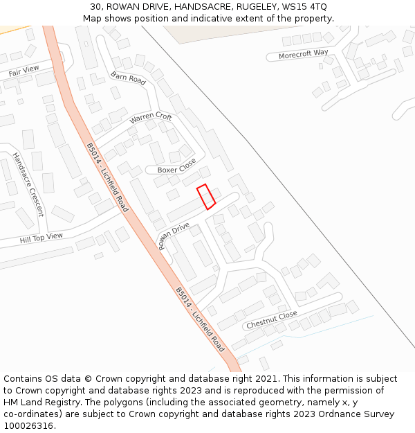 30, ROWAN DRIVE, HANDSACRE, RUGELEY, WS15 4TQ: Location map and indicative extent of plot