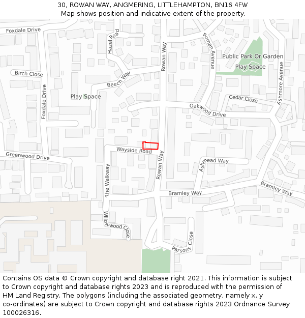 30, ROWAN WAY, ANGMERING, LITTLEHAMPTON, BN16 4FW: Location map and indicative extent of plot